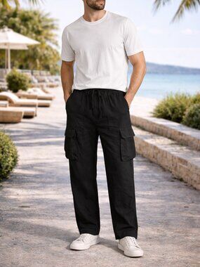 GAP Men’s Linen Blend Pants Black Cargo Relaxed Fit Drawstring Size L